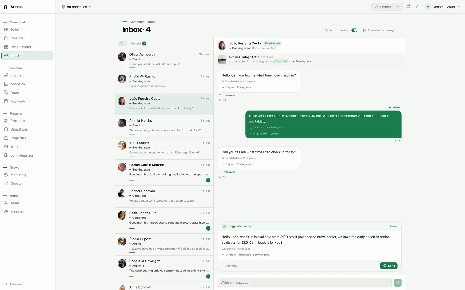 Maître unified inbox — multilingual guest threads with drafted replies.