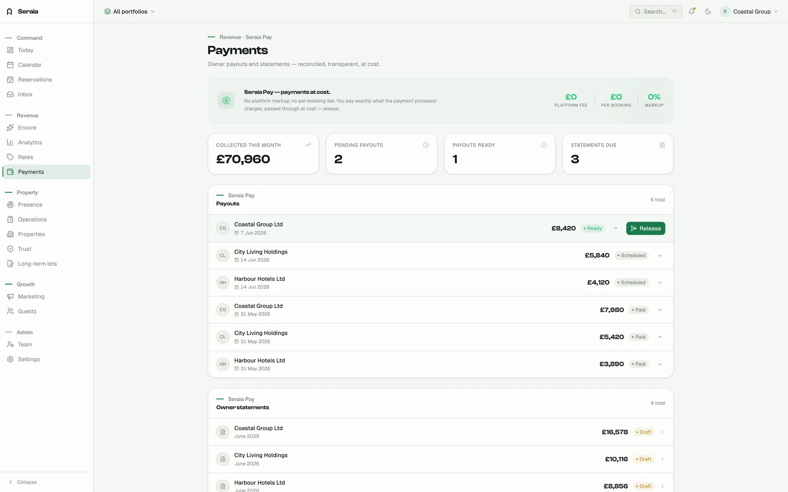 Seraia Pay — payouts and owner statements in one ledger.